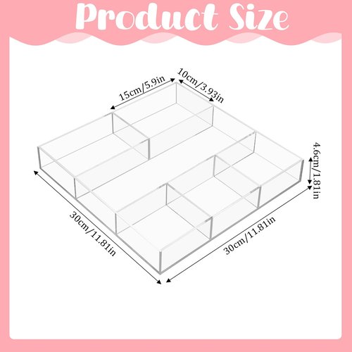 EupHHonycs Acrylic Clear Drawer Organizer 6 Section Divided Makeup Organizer Tray 11.8x11.8x1.8 inch Junk Drawer Storage for Office Bedroom Desk Supplies and Accessories
