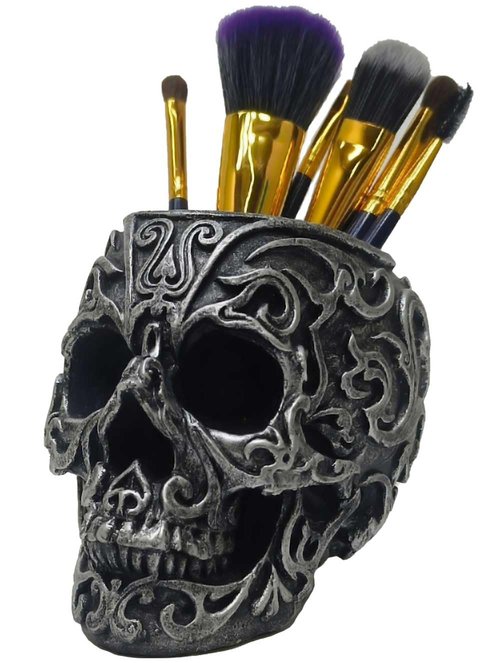 CUZOKOLA Gothic Skull Decor Makeup Brush Holder Vanity Decor with Strong Resin,Pen Holder for Home Office Desk Decorative&Succulent Flowerpot (Silver)