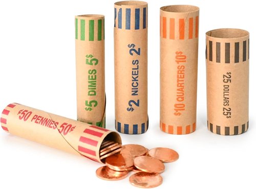 L LIKED Coin Roll Wrappers - 105 Assorted Rolls for Quarters, Pennies, Nickels, Dimes & Dollars