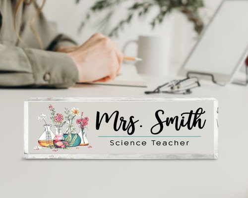Personalized Laboratory Desk Sign, Floral Chemistry Lab Scientist Gift, Science Teacher Desk Name Plates for Classroom, Chemistry Gift for Biology Teacher, Desks Decoration, Appreciation
