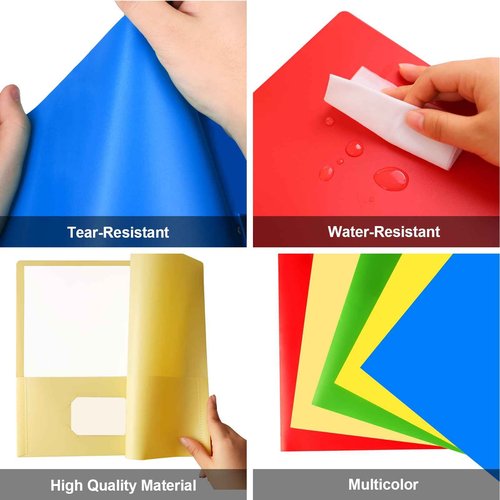 HABGP 100 Folders with Pockets, 5 Color Heavy Duty Plastic Two Pocket Folder with Business Card Holder for Office High School Business Resume