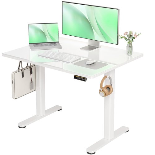 Claiks Glass Standing Desk, 40x24 Inch Small White Stand Up Desk Electric Adjustable Height Quick Install Computer Desk for Home Office, Super White