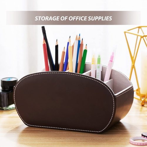 PU Leather Multi-Functional Office Organizar Box Remote Control Holder Desk Storage Suppliers Caddy Table with 5 Compartment Store TV Remote, Brush, Pencil, Glasses, Media Player (Dark Brown)