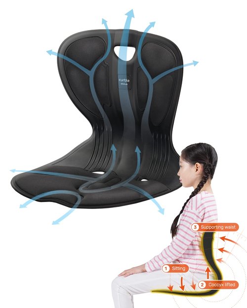 curble Comfy, Ergonomic Chair Back Support, Small and Flexible Posture Corrector for Child and Preteen, Perfect for Yoga, Meditation, School, Desk, Floor Seat (Black)
