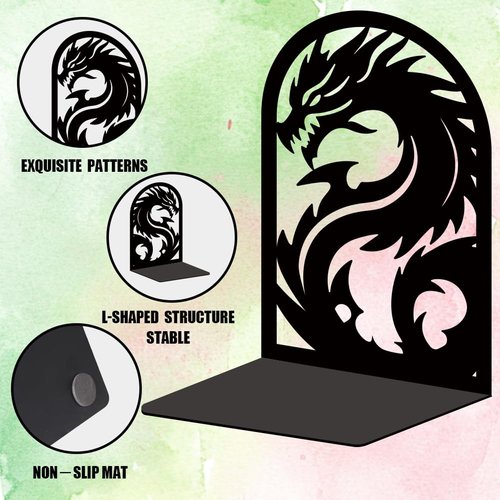 INFUNLY 1 Pair Metal Book Ends for Shelves Loong Non-Skid Bookshelf Holder Stand Black Book Stopper Support for Desktop 7.1x4.7x3.5 for Home Office Library School Kitchen Decor
