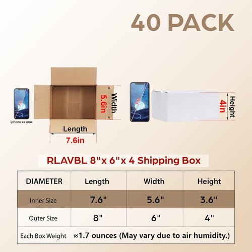 RLAVBL Shipping Boxes - 8x6x4 White Corrugated Cardboard - Set of 40 for Packing & Mailing