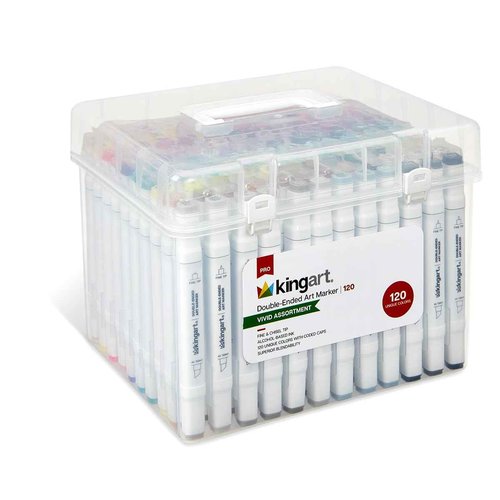 KINGART PRO Double-Ended Alcohol Ink Art Markers, 120 COLORS, Fine Point & Chisel Tips, Permanent with Superior Blendability, Includes Plastic Case. 120 Pc.