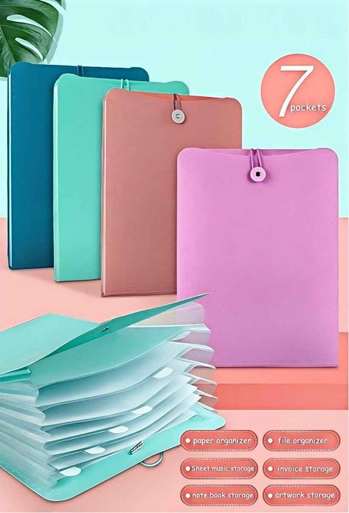4 Packs Vertical Expanding Accordion Folder with 7 Pockets Paperwork Organizer Document Wallet Briefcase Business File Organizer Bag A4 Letter Size Elastic Rope Closure （Light Blue，Green，Purple，Choco）