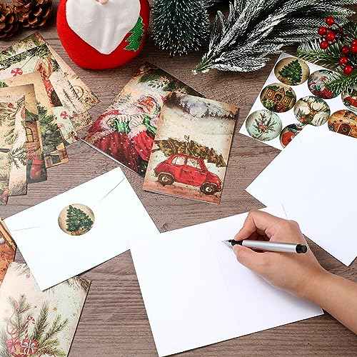 Cholemy 240 Sets Christmas Cards with Envelopes and Stickers Vintage Happy Holiday Cards Bulk Cute Season Greetings Cards 12 Designs, 6 x 4 Inch Merry Christmas Notes for Winter Xmas Season Gift