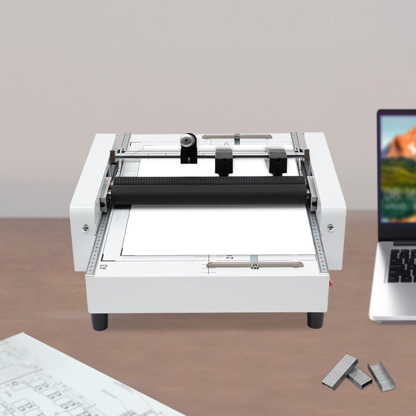 Binding Folding Machine, A3 Booklet Maker with Millimeters Positioning Silicone Folding Rollers Thread Design and Visible Panel Long Power Cord Booklet Folding and Binding Machine for Homes Schools
