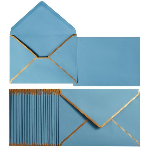 50 Pack A7 Envelopes Dusty-Blue 5 x 7 Self-Adhesive V Flap Envelopes with Gold Border for Office, Greeting Card, Wedding, Graduation, Baby Shower, Parties, Invitations