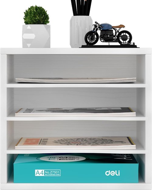 Senhoglb Wood Desk Organizers and Accessories, Mail Sorter File Holder, Desktop File Organizer With Adjustable Shelf, Document Holder for Office Home Classroom, 4 Compartments White