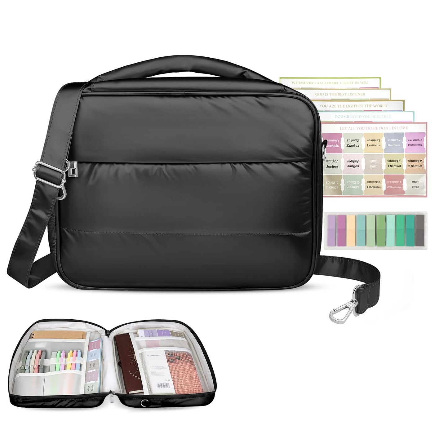 Waterproof Bible Bag with Study Supplies, Premium Bible Cover for Church, Stylish Bible Accessories, Bible Cover Case w/Bible Book Tabs, Puffer Tote Bag w/Bible Journaling Kit, Christian Gift- Black