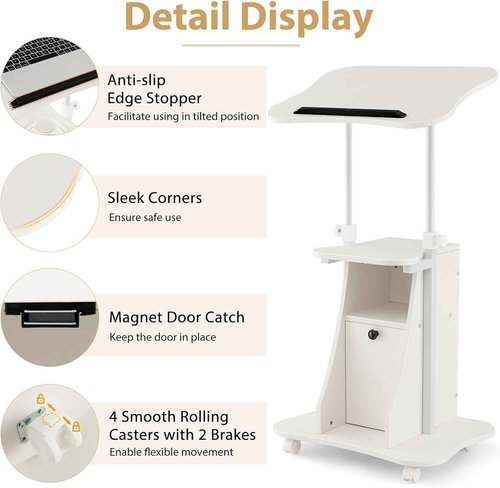 Mobile Laptop Podium, Portable Height Adjustable Podium Stand, Rolling Lectern Desk with Storage, 180° Tilting Top, Lockable Universal Casters, Sit-to-Stand Computer Desk for Home, Office