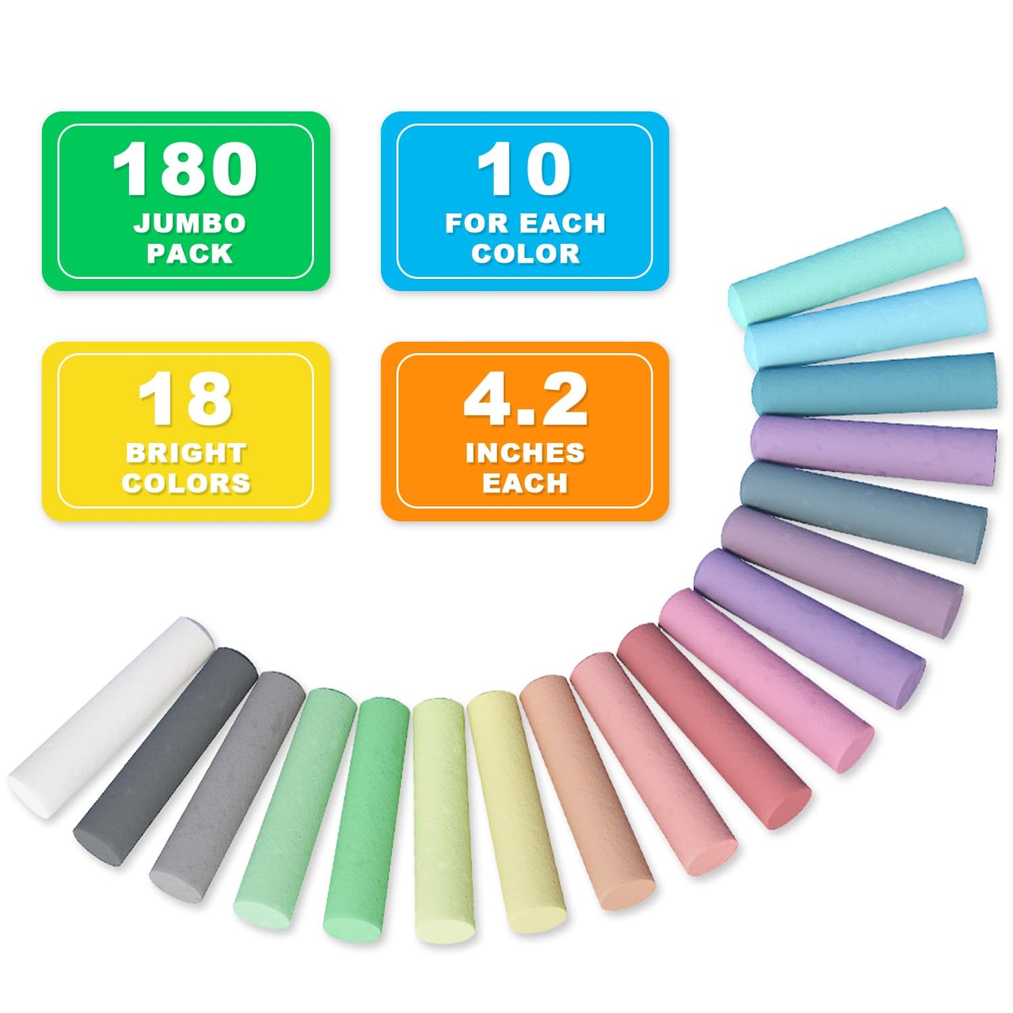 feela 180 Pack Sidewalk Chalk, Sidewalk Chalk Set For Kids Jumbo Chalk Bulk, Great for Kids Family, Paint on Sidewalk Wall School Driveway Blackboard Street Playground, 18 Colors