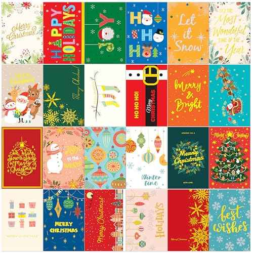 24 Pack Christmas Cards with Envelopes and Stickers, 24 Festive Designs Gold Foil Glitter Christmas Card Set, 6 x 4 In with Printed Greeting Messages Inside, for Friends, Family, and Kids