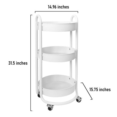 HOMESTEAD Round Rolling Side Table Cart, 3 Tier Metal Utility, 60 lb Heavy Duty, 15″ Diameter, Lockable 360° Casters, Powder-Coat Storage for Kitchen, Bedroom, Office, Bath 15.7" x 14.9" x 31.5" White