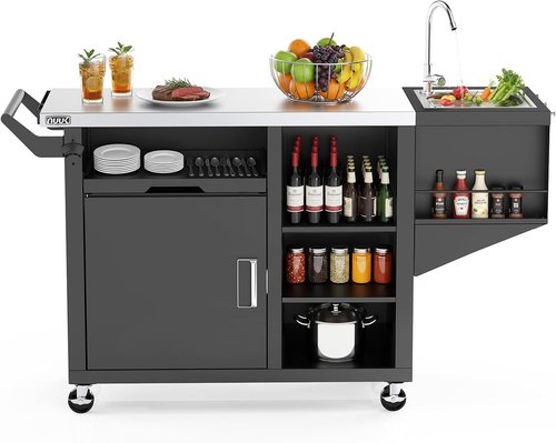 NUUK Grill Cart - Outdoor Kitchen Island with Sink & Storage Cabinet | Stainless Steel Top