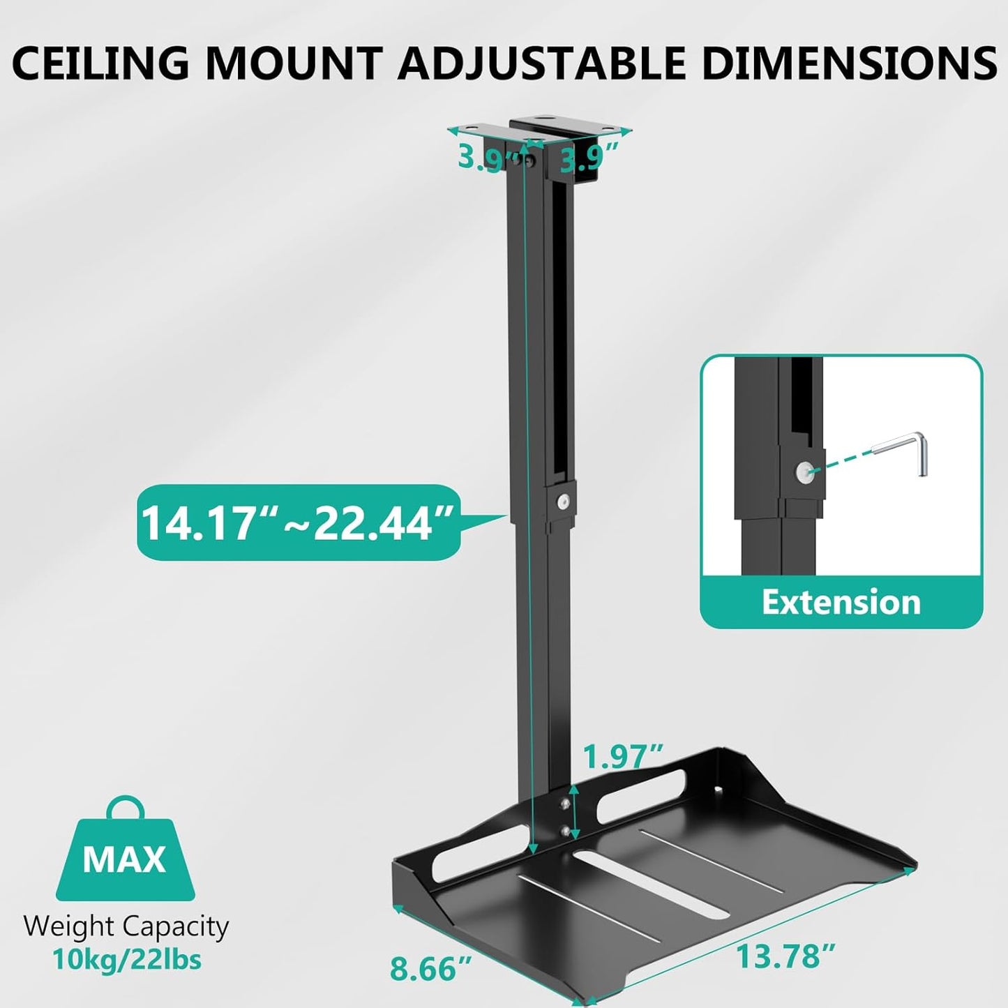 WALI Projector Ceiling Mount Tray - Height Adjustable Holder with Hidden Cable Management | Fits Projectors Up to 22lbs, Black