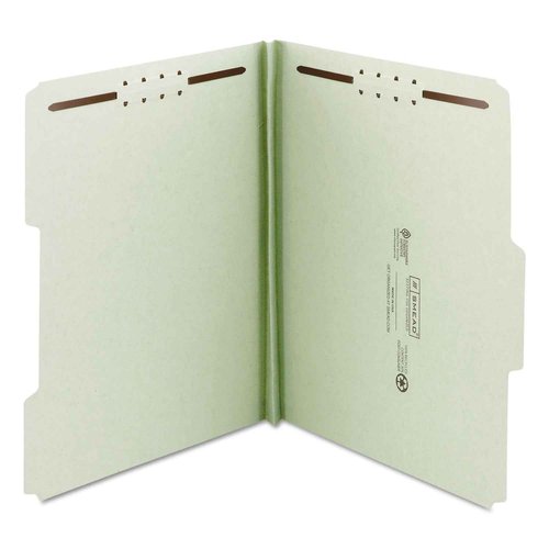 Smead 100% Recycled Pressboard Fastener File Folder, 2 Fasteners, 1/3-Cut Tab, 1" Expansion, Legal Size, Gray/Green, 25 per Box (20003)
