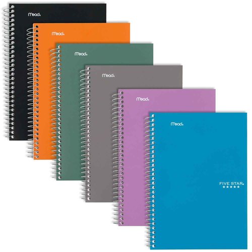 Five Star Small Spiral Notebooks, 6 Pack, 5 Subject, College Ruled Paper, 180 Sheets, Small, 9-1/2" x 6", Amethyst Purple, Sedona Orange, Seaglass Green, Tidewater Blue, Gray, Black (73527)