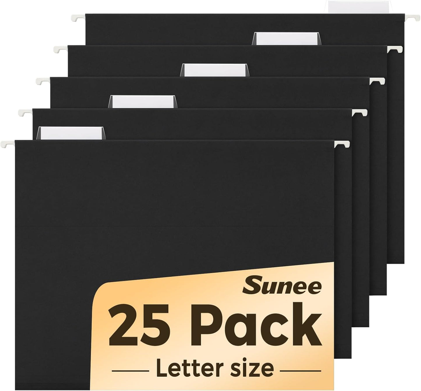 SUNEE Hanging File Folders - 25 Pack Black Letter Size with 1/5-Cut Tabs for Home & Office Organization