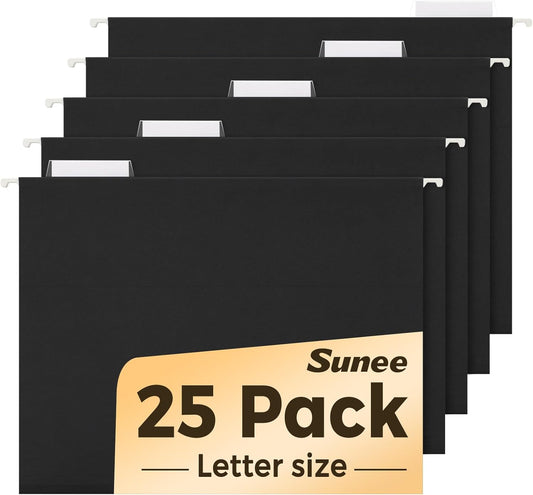 SUNEE Hanging File Folders - 25 Pack Black Letter Size with 1/5-Cut Tabs for Home & Office Organization