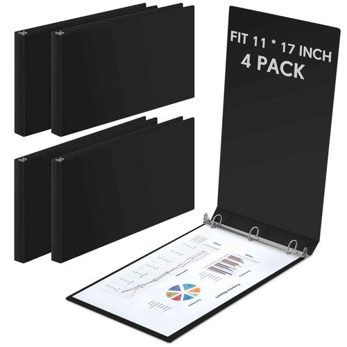 Humyoun 4 Pcs 11 x 17 Inch 3 Ring Binders 1 Inch Rings Heavy Duty View Plastic Flexible D Ring Binders Economy Holds 11" x 17" Paper for Artwork Blueprints, Office, Home, Work Places(Black)