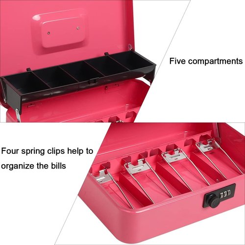 Regine Switzerland Cash Box - Secure Metal Lock Box with Money Tray | Pink Color