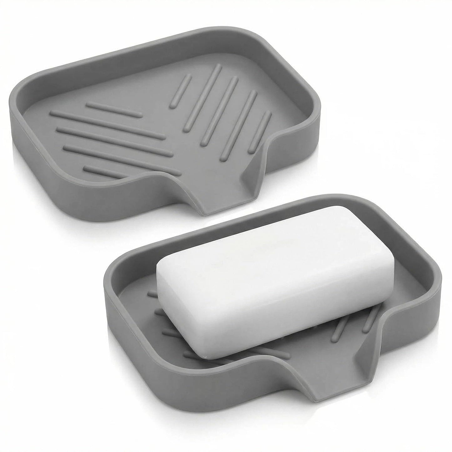 2 Pack Silicone Soap Dish with Self-Draining Spout - Bar Soap Holder for Shower & Bathroom, Kitchen Sink Sponge Holder & Countertop Organizer Tray, Easy Clean & Non-Slip (Grey)