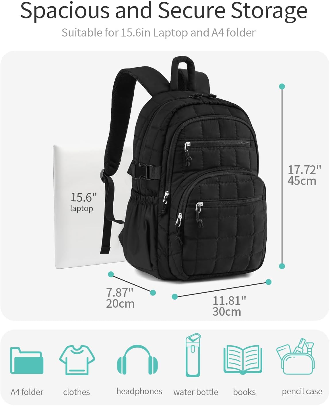 Skiennix Quilted Laptop Backpack - Stylish College Bookbag with Tumbler Holder | Black