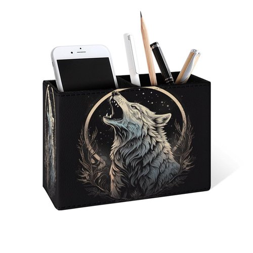 Famame Howling Wolf Moon Pencil Holder for Desk, Leather Desktop Container Pen Cup Storage Study Table Pen Organizer Makeup Brush Holder for Classroom Office Home