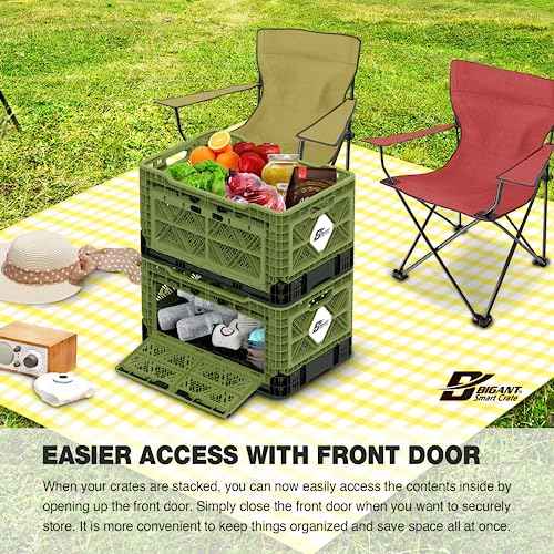 Bigant Heavy Duty Collapsible & Stackable Plastic Milk Crate-Medium Size, Tan, Stackable Open Front Organizer, Snap Lock Foldable Industrial Garage Storage Bin Container Utility Basket