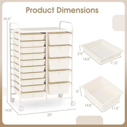HOMGX 15-Drawer Storage Rolling Cart, Multipurpose Utility Storage Cart w/ 4 Lockable Wheels & Removable Drawers, Plastic Drawer Organizer for Office, Supermarket, Home, School (White)