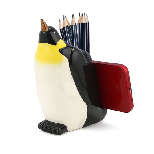 Penguin Pen Pencil Holder with Phone Stand, Resin Penguin Shaped Pen Container Cell Phone Stand Carving Brush Scissor Holder Desk Organizer Decoration for Office Desk Home Decorative