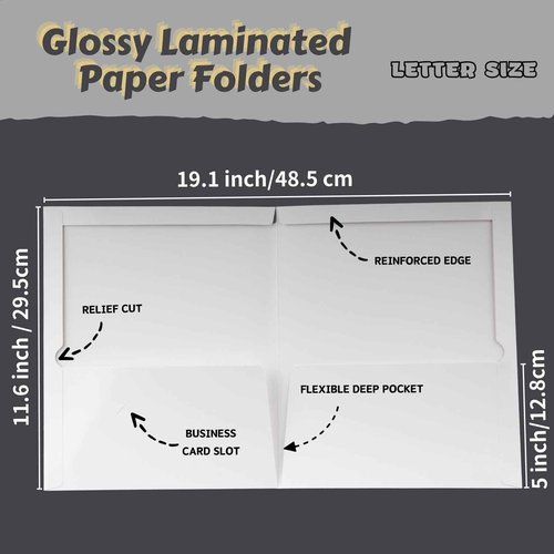 Litpoetic Two-Pocket Folders, White Glossy Laminated Paper Folder, Letter Size, Holds 100 Sheets, Box of 125