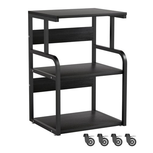 URLINE Large Printer Stand with 3-Tier Wood Storage Shelves -Multi-Purpose Desk Organizer- for Printer Scanner Fax Home Office Use with Wheels (Black)