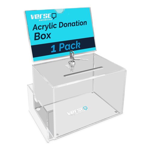 Versco Unlimited Modern Clear Acrylic Donation Box with Lock, Shelf and Sign Holder - 6.3x4x4.2 Inch Lockable Fundraising, Tip, and Ballot Box