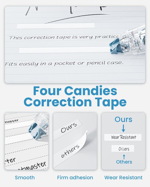 Four Candies Refillable Retractable White Correction Tape, 2PCS White Cute Smooth Push Pull Out Tape with 4 Extra Refills, Aesthetic Pen Shaped Applicator for School Office Supplies (Pink Apricot)