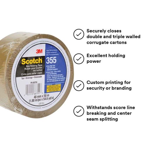 3M Scotch 355 Industrial-Grade Packing Tape, Tan, 48 mm x 50 m, High Performance Sealing Tape for Heavy-Duty Commercial Packaging, Shipping, Moving, Carton and Box Sealing, 1 Pack