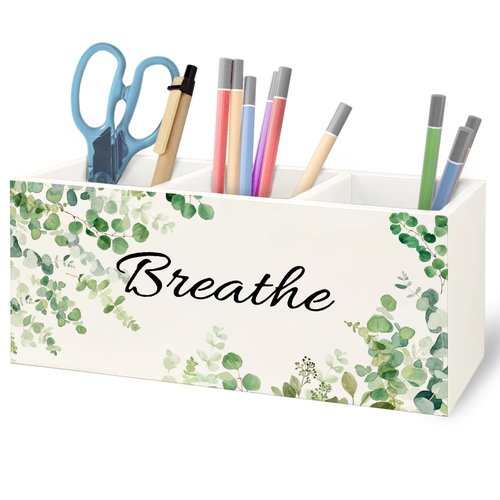 URLLUAE Sage Green Eucalyptus Breathe Makeup Brush Toothbrush Holder Organizer for Bathroom, Green Botanical Wooden Pen Pencil Holder for Office Desk Accessories