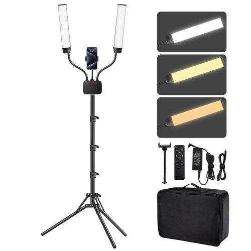 BeeMingle Selfie Light with 75'' Tripod Stand, Dimmable 3 Color LED Dual Arms Ring Light with Phone Holder & Carry Bag for Lash Tattoo Video Photography 45W 95CRI Tripod Floor Lamp