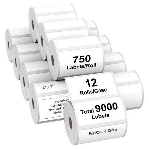 AveneMark 12 Rolls 4" x 2" Direct Thermal Labels for Barcodes Postage Address Shipping Labels Compatible with Rollo & Zebra Desktop Printers Adhesive - 750 Labels/Roll