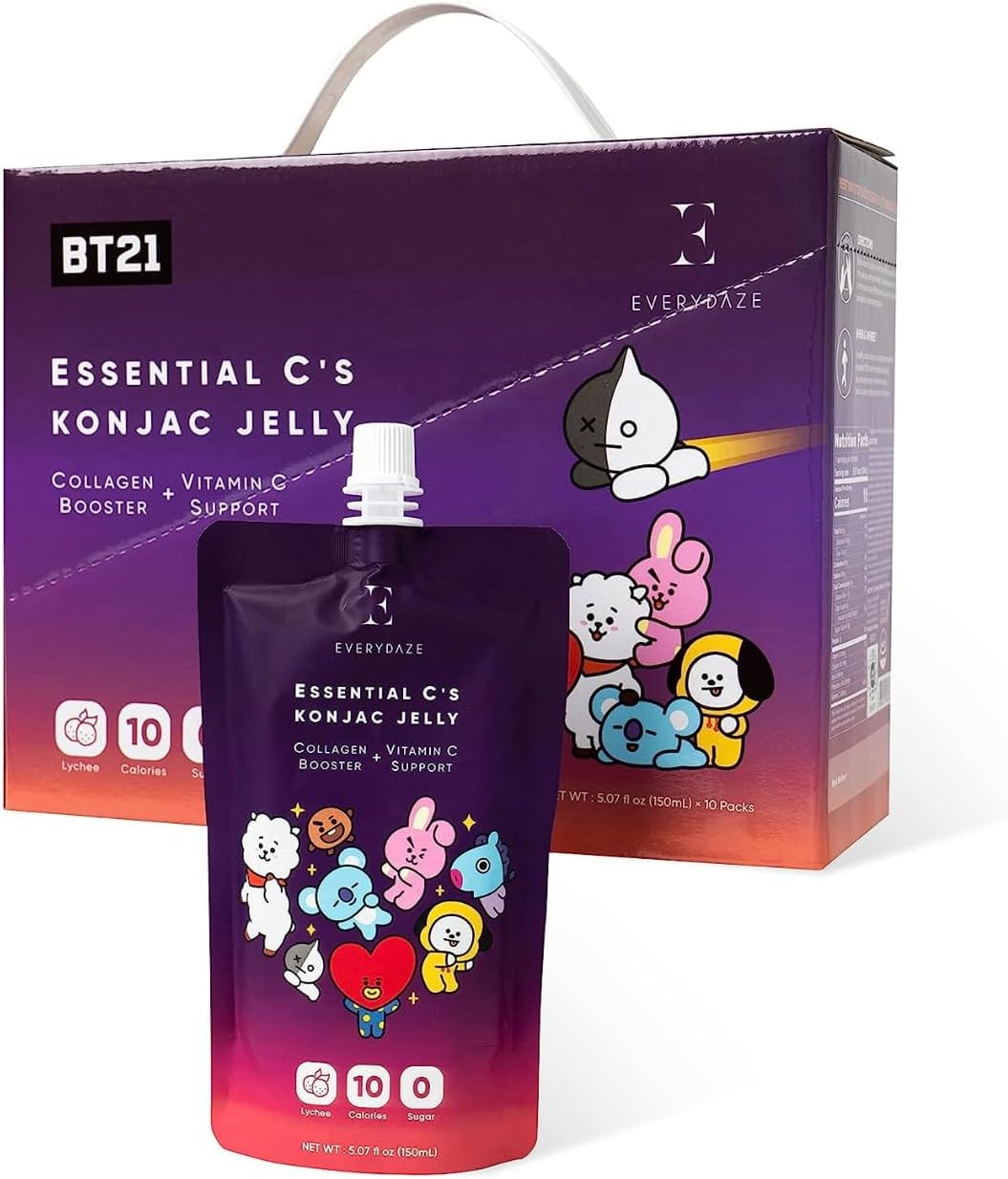 EVERYDAZE BT21 Essential C’s Konjac Jelly | Lychee | Plant-Based Collagen Booster | Gluten Free, Sugar Free, Low Calorie | Healthy Drinkable Fruit Snack | 10 Pack Box Food Drink Pouch