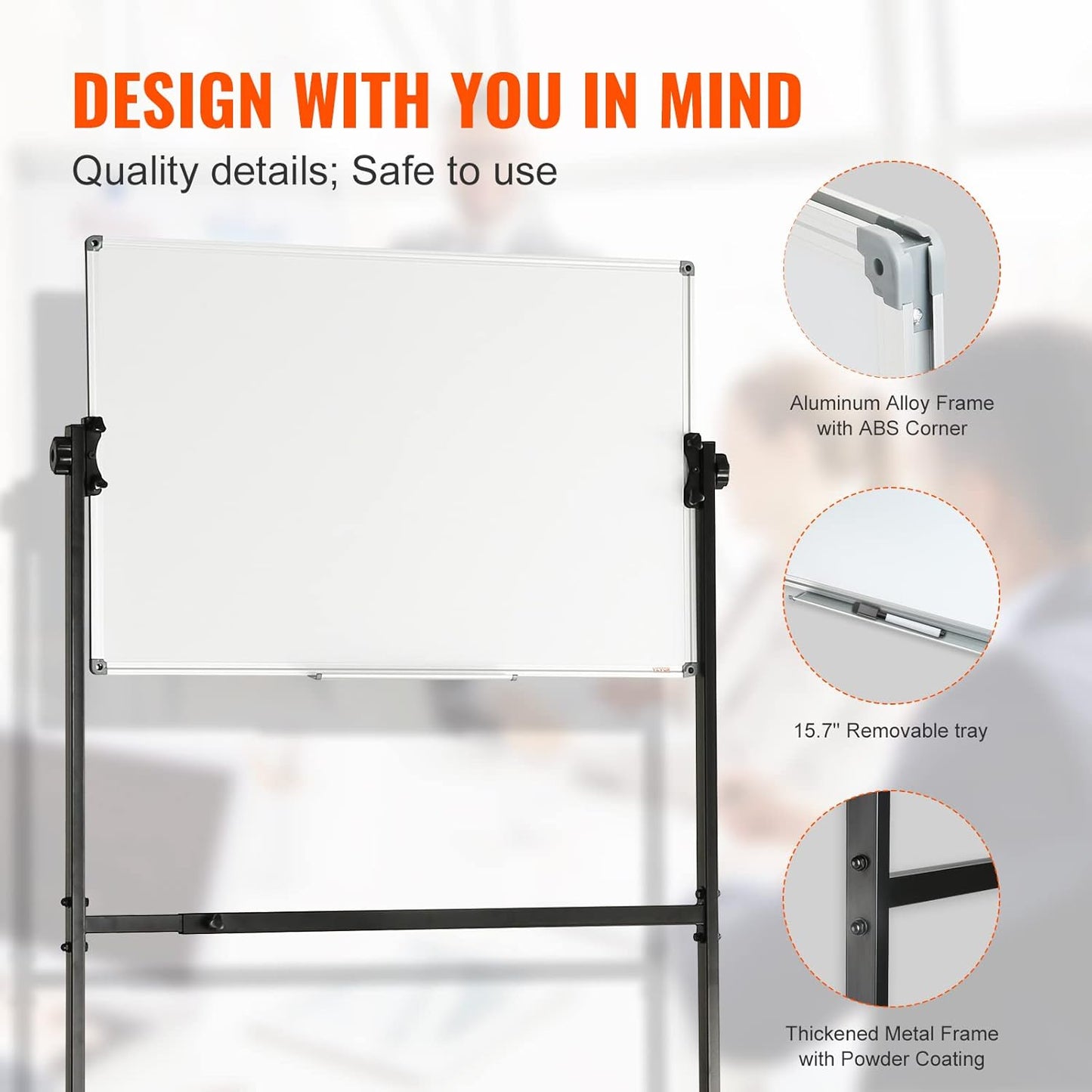 VEVOR Double-Sided Rolling Magnetic Whiteboard - 36x24 Inches, Adjustable Height with Wheels & Tray