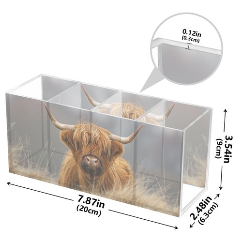 Sletend Highland Cow Cattle Acrylic Pencil Pen Holder Desk Accessories Holder, Cosmetic Brush Organizer Modern Design Desktop Stationery Organizer for Office School and Home 7.87 x 2.48 x 3.54 In