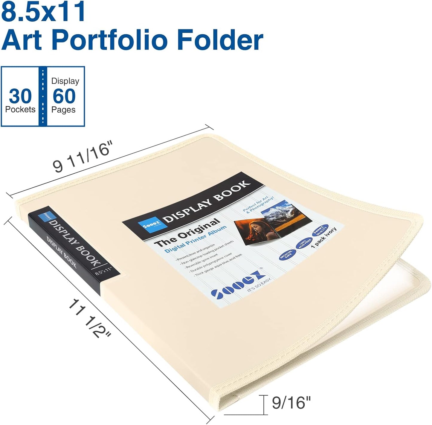 Sooez 30-Pocket Art Portfolio Binder - Heavy Duty Clear Sheet Protectors | Ivory 8.5x11 Size