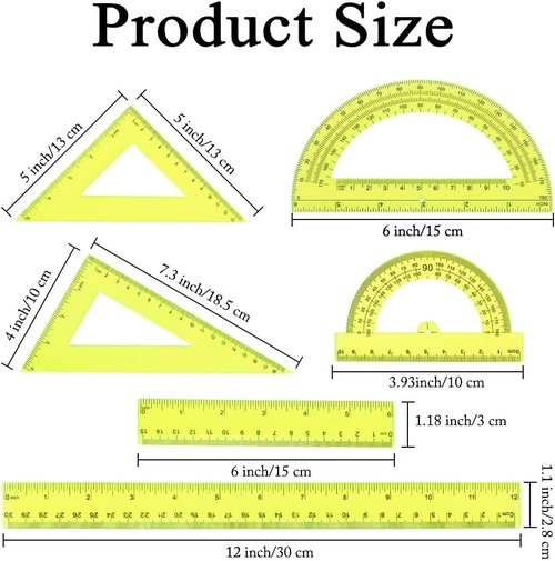 Plastic Clear Ruler Math Set - 6" & 12" Straight Rulers, Protractors & Triangle Rulers | Yellow