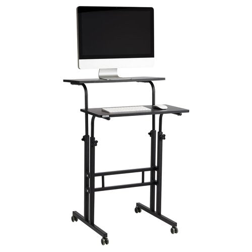 Mind Reader Standing Desk, Adjustable Height Laptop Workstation, Portable Rolling Desk on Wheels, Two-Tier Metal Frame, Black