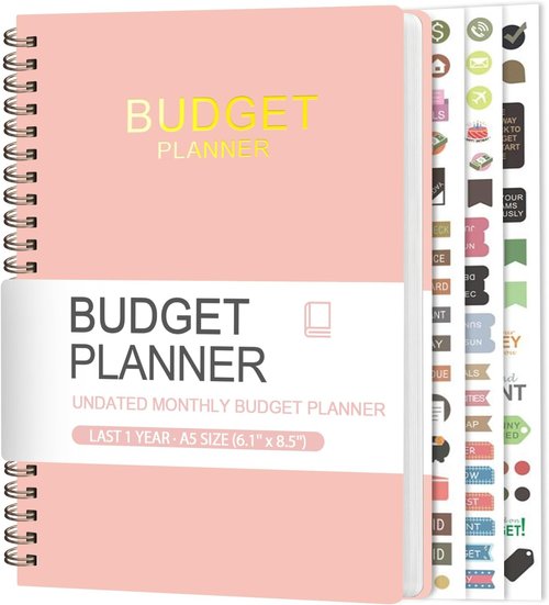 Budget Planner | A5 Monthly Expense Tracker Notebook - Financial Organizer with Pockets & Stickers - Pink